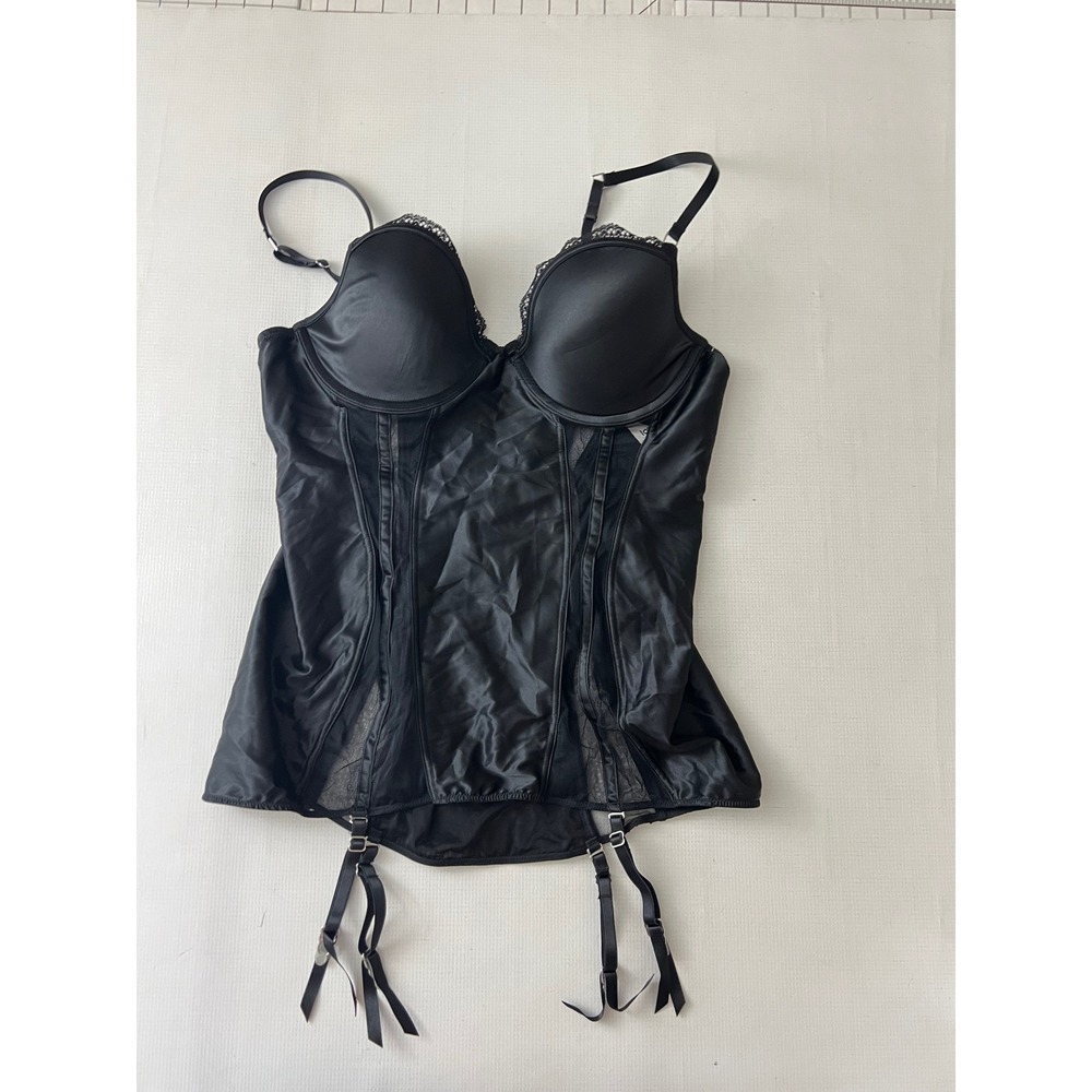 Felina Corset Bustier Size Large Black Lace Trim Garter‎ Straps Satin Mesh